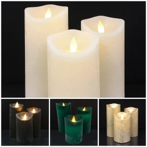 LED blok stearinlys - RUSTIK - 3 stk. - 10/12,5/15 cm - m/3D flamme - (flere farver)